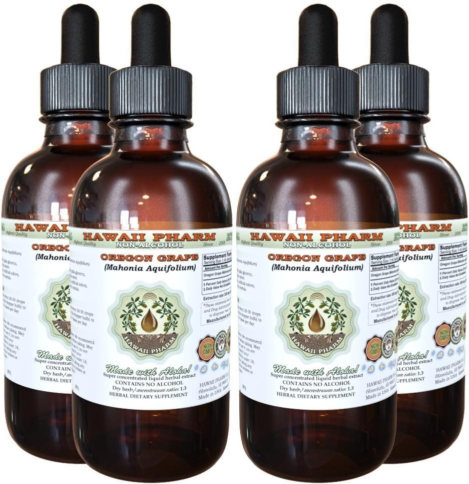 Hawaii Pharm Oregon Grape alkohol-fri flytende ekstrakt, Oregon Grape (mahonia akifolium) tørket rot glyseritt naturlig urte Supplement, USA 4x4 fl.oz