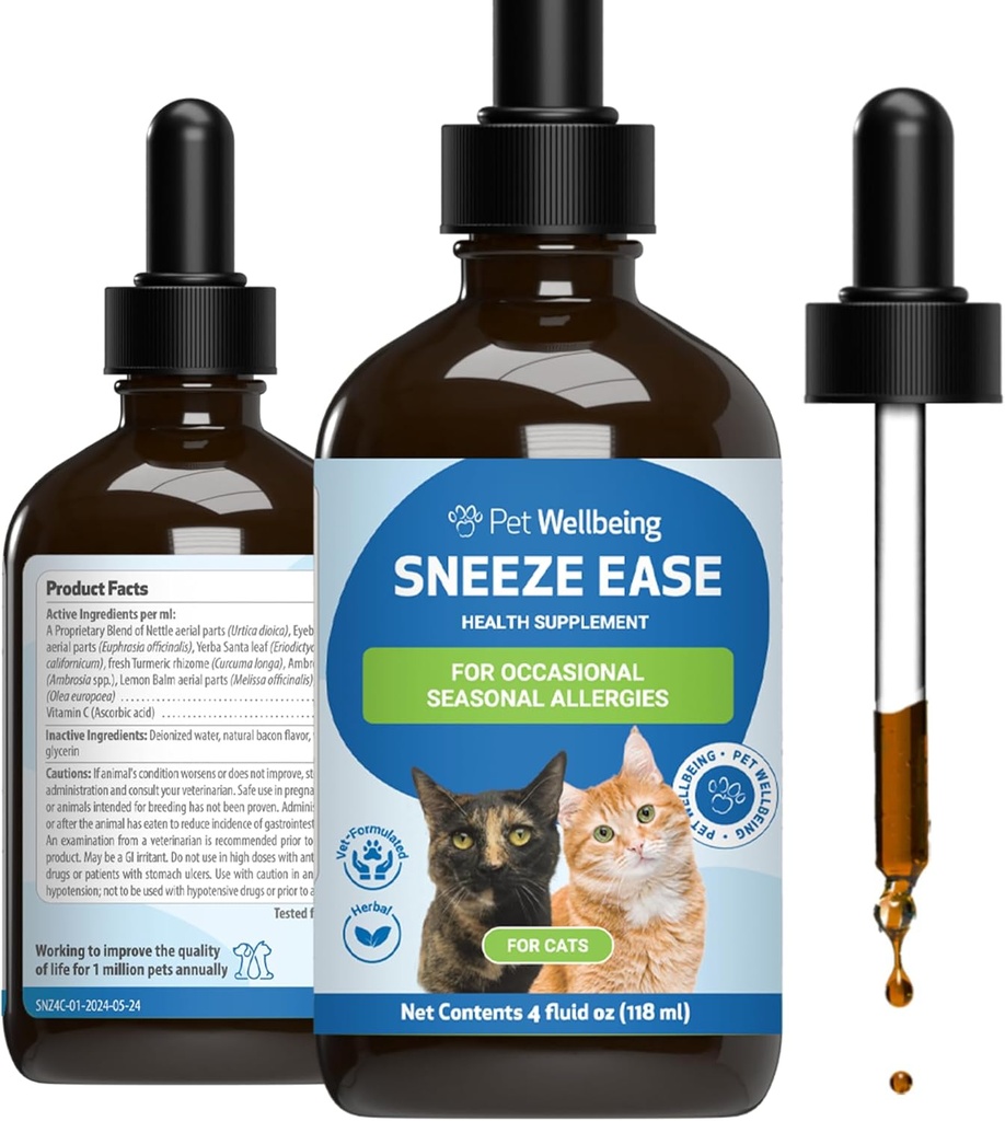 Kjæledyr velvære Sneeze Ease for katter - Av og til Sneezing, Årstider Allergier, Nese og Øye Discomfort, Eyebright, Nettles - Veterinærformulert Herbal Supplement 4 oz (118 ml)