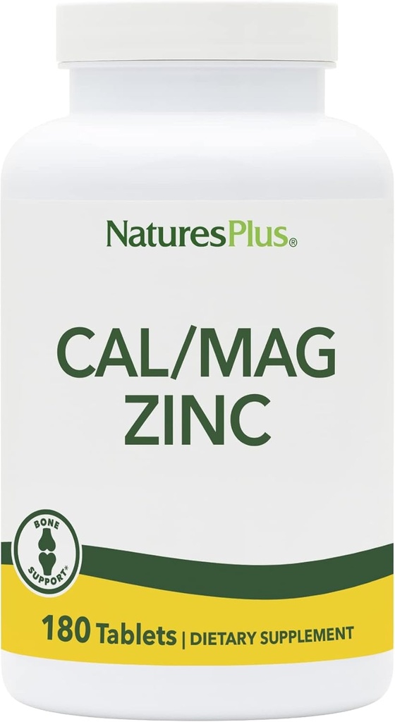 NaturesPlus Cal/Mag/Zinc - 1000 mg kalsium, 500 mg magnesium, 75 mg sink - 180 vegetariske tabletter - Multi Mineral Supplement, støtter bein, hjerte og immun helse - Glutenfri - 45 Services