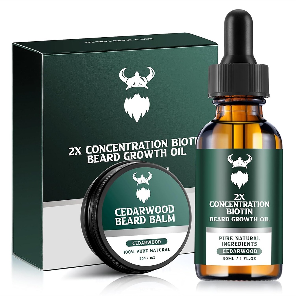 Beard Growth Kit - 2X Konsentrasjon Biotin for menn, Naturlig Argan, Jojoba Olier og vitaminer (Cedarwood)