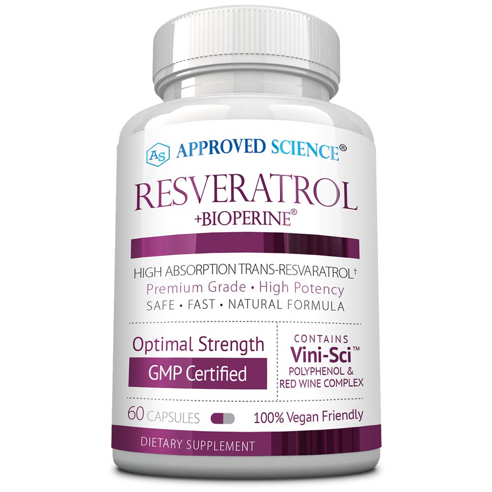 Godkjent Science® Resveratrol - 1000 mg Trans Resveratrol - 250 mg polyfenol - 98% renhetsnivå - Inkluderer Bioperine® - 60 Veganvennlige kapsler - 1 flaske