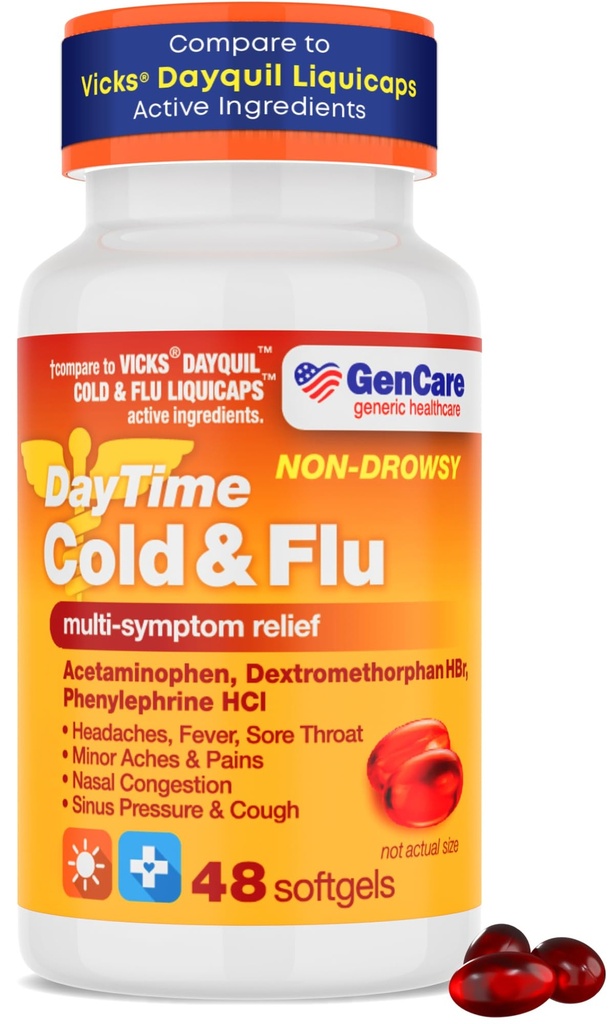 GenCare - Multi Symptom Non Drowsy Daytime Cold & Flue Relief Acetaminophen 325mg, Dextromethorphan HBr 10mg, Phenylephrine HCl 5mg (48 Softgels) Non Habiting Pain Reliever & Nasal Decongestant