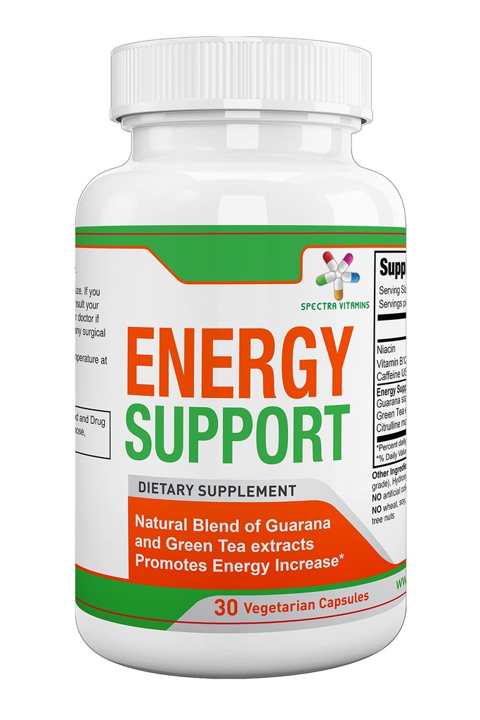 Spectra Vitaminer Naturlig Energi Støtte 30 Kapsler - Guarana Kapsler - Vitamin B12 - Guarana og grønne teekstrakter - Citrulline Energitilskudd med naturlig energi Booster