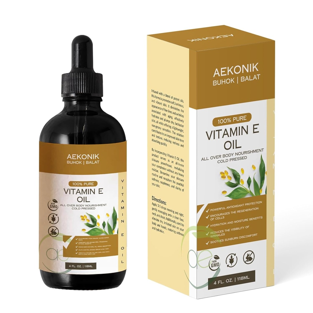 Organisk vitamin E-olje - essensiell ren vitamin E-olje for kroppspleie og hudpleie - 4-Oz flaske for tørr hud, krus, strekkmerker, akne og anti-aldring