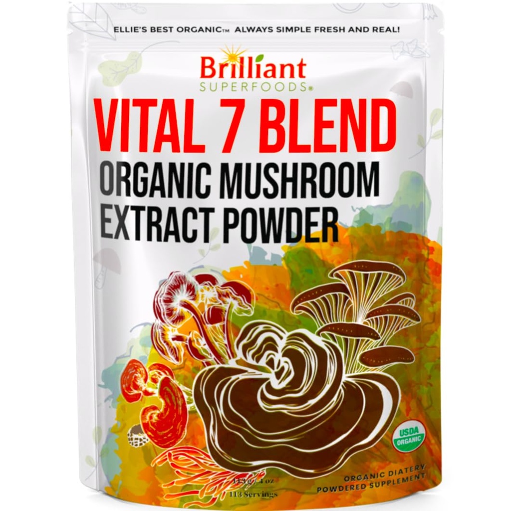 Ellie's Best 7 Mushroom Powder Extract Blend Supplement Organic 114 Servings High Potens Dobbel Ekstrakt Cordyceps, Reishi, Tyrkia Tail, Chaga, Lions Mane - 4oz