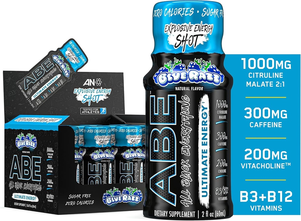 Alle Svart Alt Energi Shots | 12 Pack | 300mg Koffein | Blå Razz | Zero sukker | Energifokus Supplement | Nootropisk blanding for gym eller arbeid