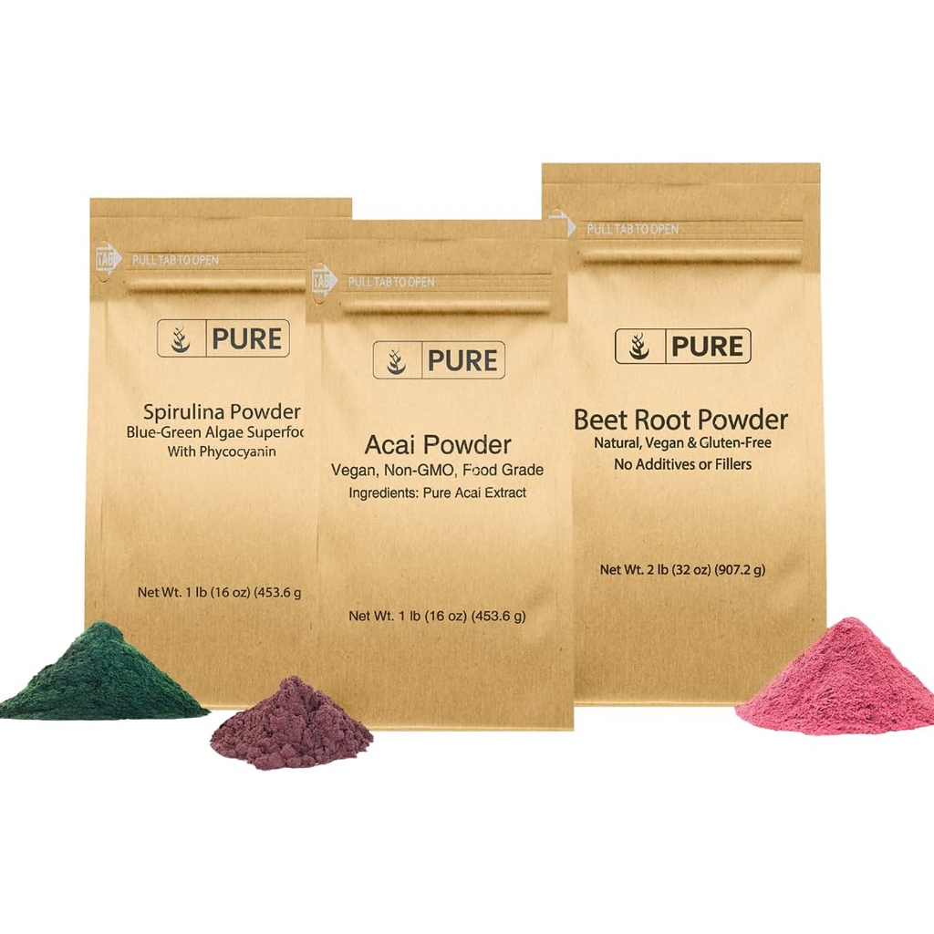 PURE ORIGINAL INGREDIENTS BET Root, Spirulina og Acai pulver Bundle, forskjellige størrelser, ikke GMO, Herbal kosttilskudd