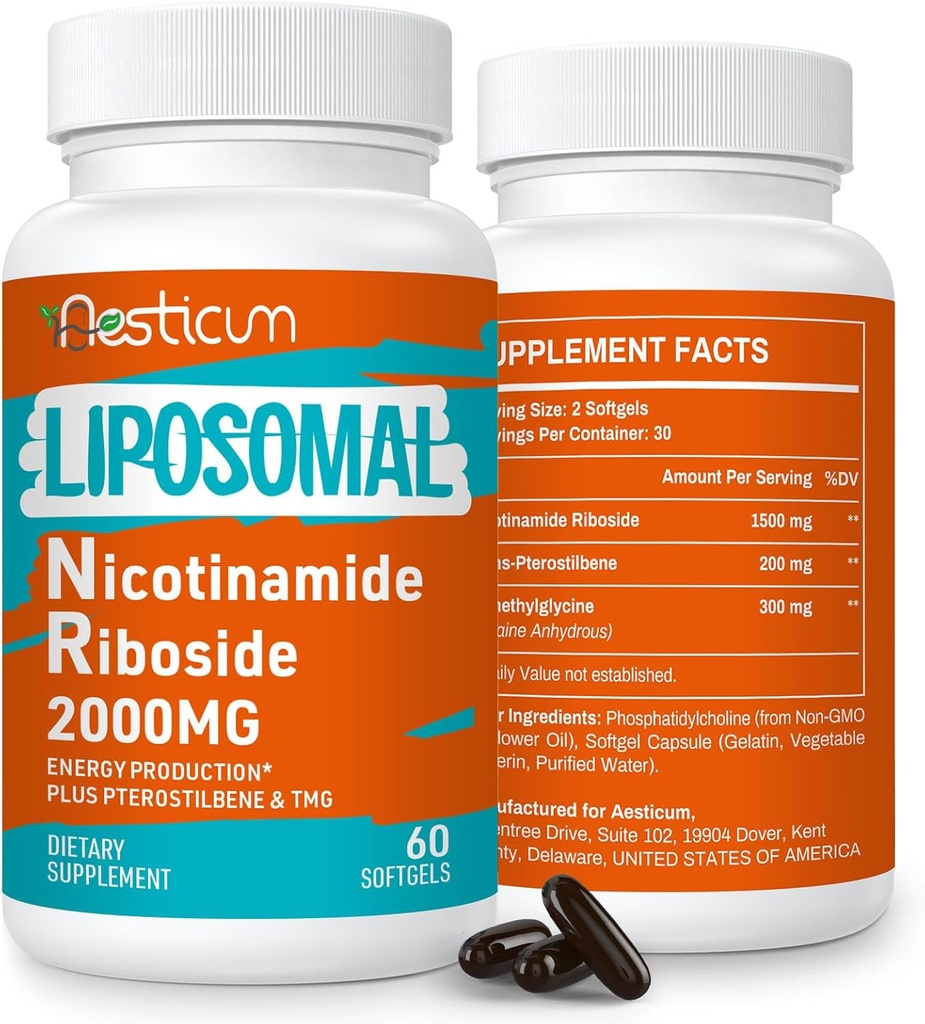 2000 MG Liposomal Nicotinamid Riboside Supplement med TMG & Pterostilbene, høy biotilgjengelighet NAD + Økning Supplement, Superior til Niacinamid for energi, immunitet, aldersmotstand, 120 Softgels