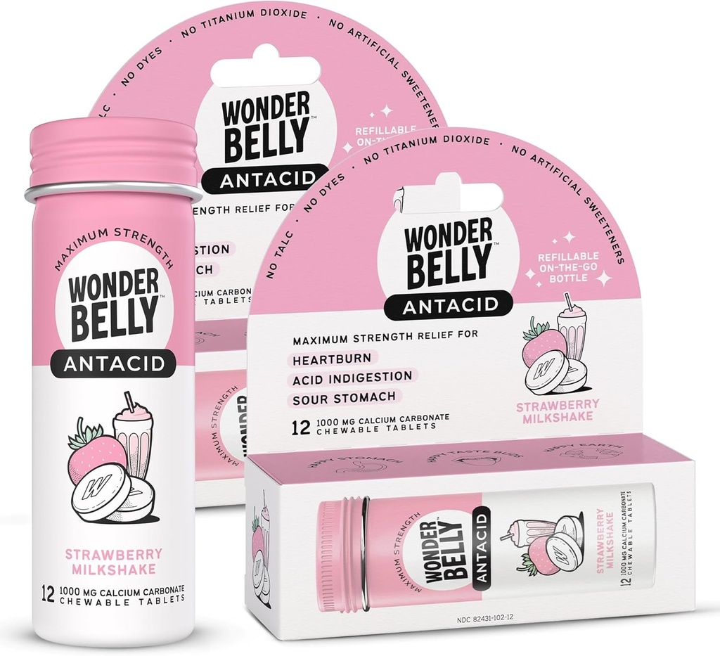 Wonderbelly Antacid, Effektiv Heartburn & Instant Acid Indigation Relief, Reisestørrelse Ekstra styrke Chewable tabletter, 1000 mg Kalsiumkarbonat, Jordbær Melkshake, 12 greve (Pack of 2)