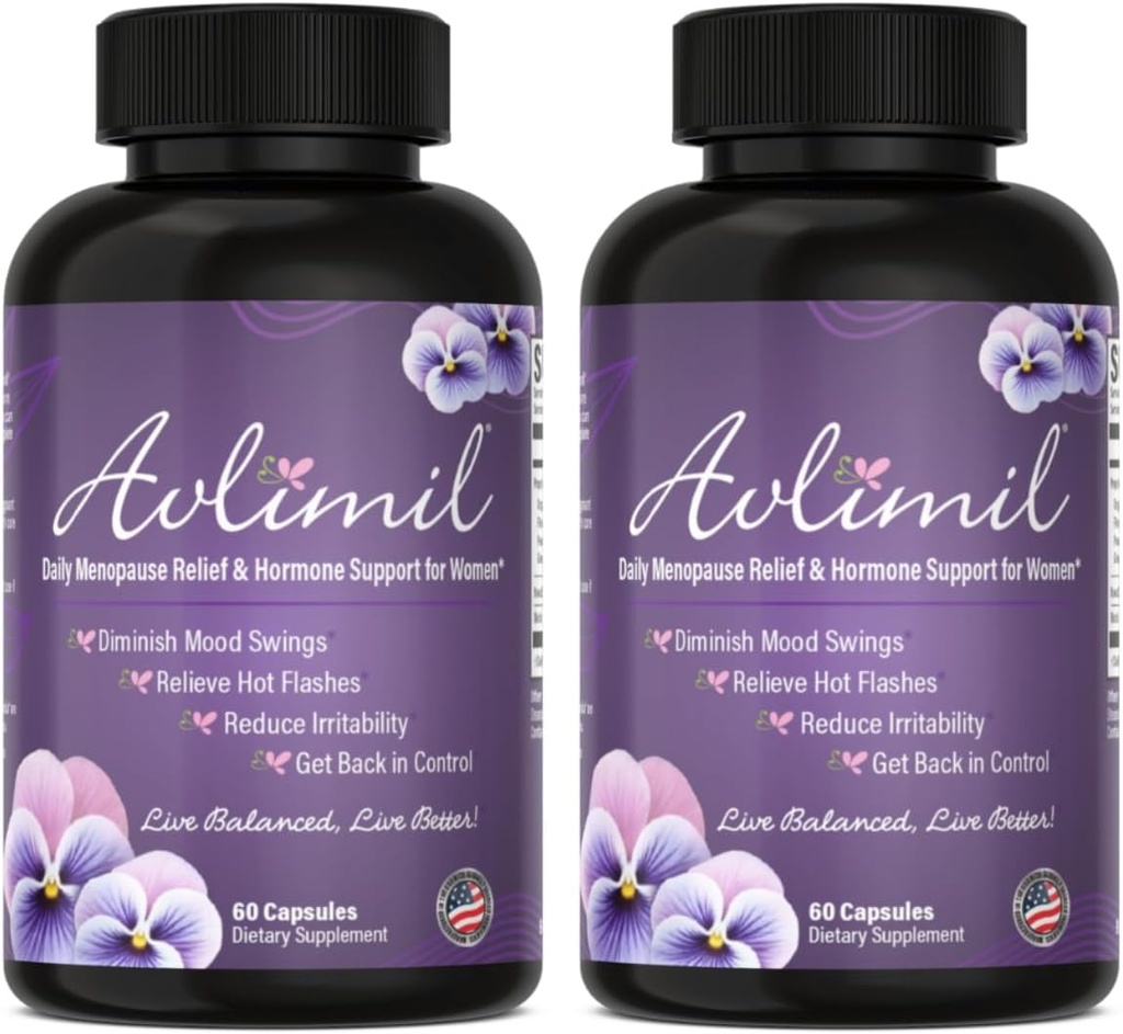 Avlimil® Hormon Balance & Menopause | Relief fra Mood Swings, Hot Flashes, Natt Sweats og Irritabilitet - Isoflavones, Black Cohosh, bringebær, Valerian, Sage, Rød Clover, Lemon Balm - 2 måneder