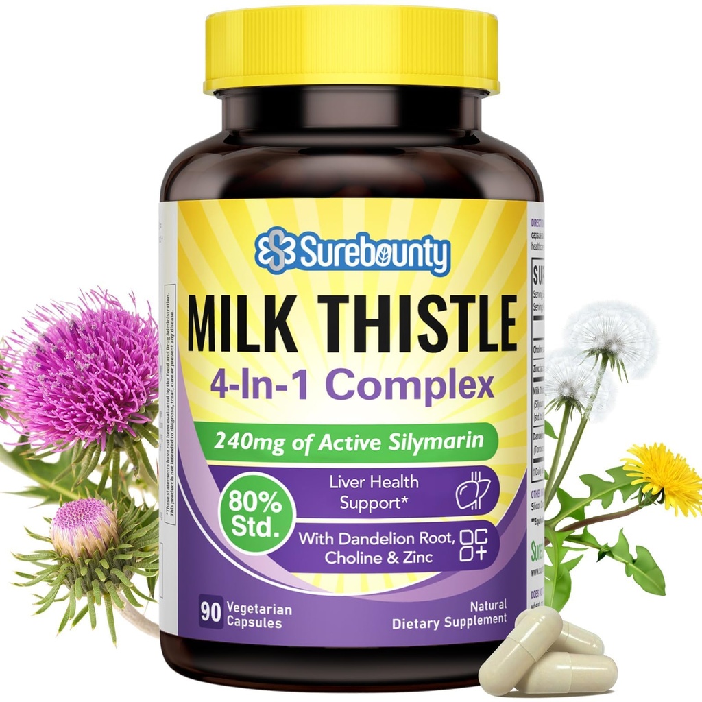 4-i-1 Melk Thistle Complex for menn og kvinner, Melk Thistle Extract med 240 mg aktiv silymarin, 80% Std, med Dandelion, Choline, sink, Liver Detox & Repair, Ikke-GMO, En gang daglig, 90 Veggie Caps
