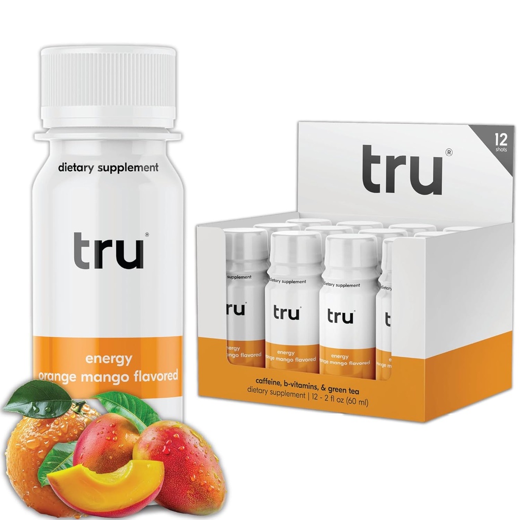 Tru Energy Shot, Ekstra styrke Energi Drikke med naturlig kaffe, grønn te, B-vitaminer B3, B6 & Vitamin B12, Zero sukker og kalorier, keto, vegansk, Glutenfri, Orange Mango, 2 FL OZ flasker, 12 pakke