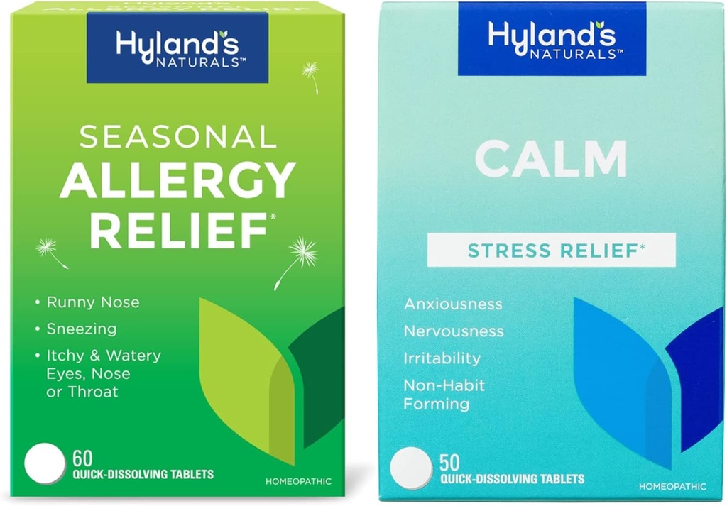 Bundle av Hylands innendørs og utendørs, ikke døsige sesongmessige allergi relief piller 60 CT og rolige tabletter, naturlig lindring av anxiousness, nervøsitet, stress og irritabilitet 50 CT