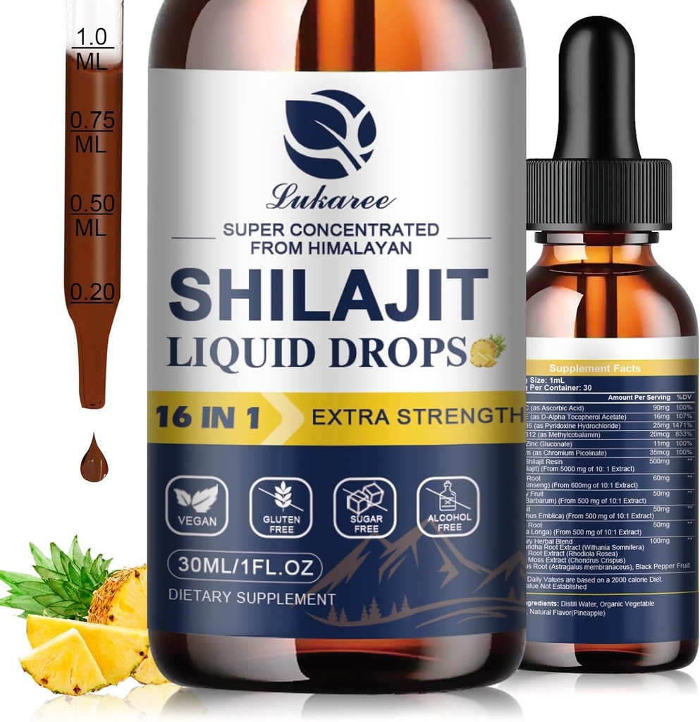 16 i 1 Shilajit Resin Flytende Drop, Shilajit W/Ginseng, Turmeric, Rhodiola, Wolfberry, Amla & Vitaminer, Shilajit Supplement for menn og kvinner med 85+ Trace Minerals & Fulvic Acid, 1 Fl Oz