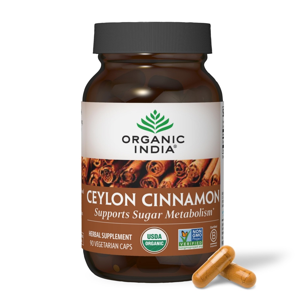 ORGANIC INDIA Ceylon Cinnamon Supplement - Organic Ceylon Cinnamon Capsules, Cinnamon Pills Herbal Supplement, Støtte Digestion, Kilde til antioksidanter, USDA Organic, Vegan, Glutenfri - 90 Kapsler