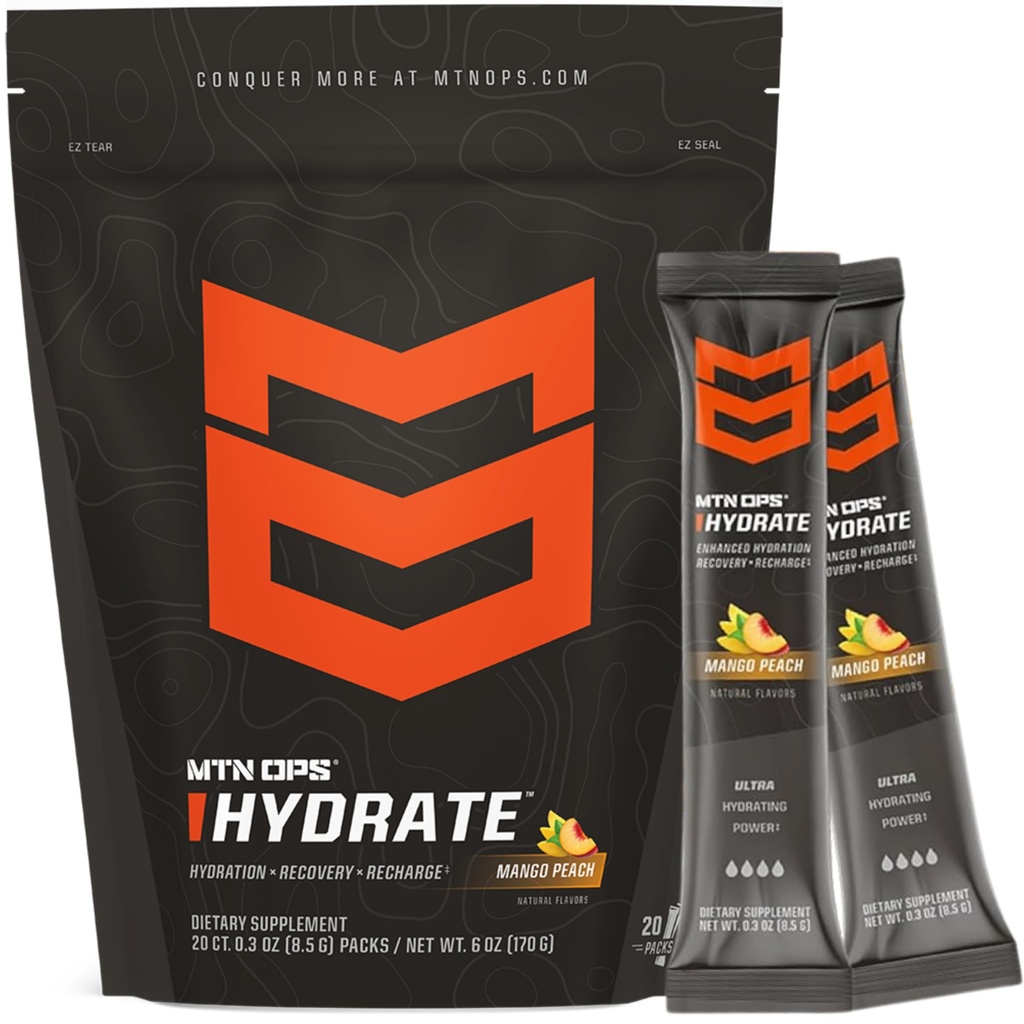 MTN OPS Hydrate Electrolytes Powder Drink Mix, 20 Single Servering On-The-Go Electrolyte Pakker med over 1000 mg elektrolyter per servering, Mango Peach