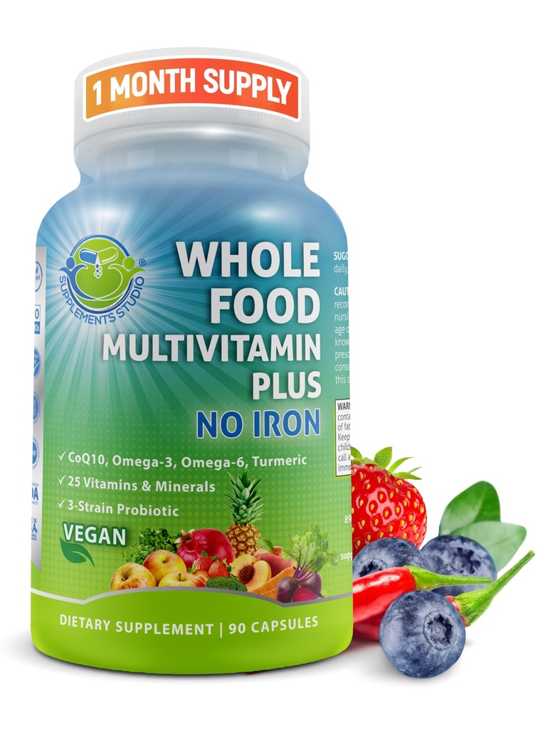 Vegansk hele mat daglig flervitamin uten jern, metylert multivitamin for kvinner og menn, laget med frukt og grønnsaker, B-kompleks, probiotika, enzymer, CoQ10, Omega, Turmeric, Non-GMO, 90 greve