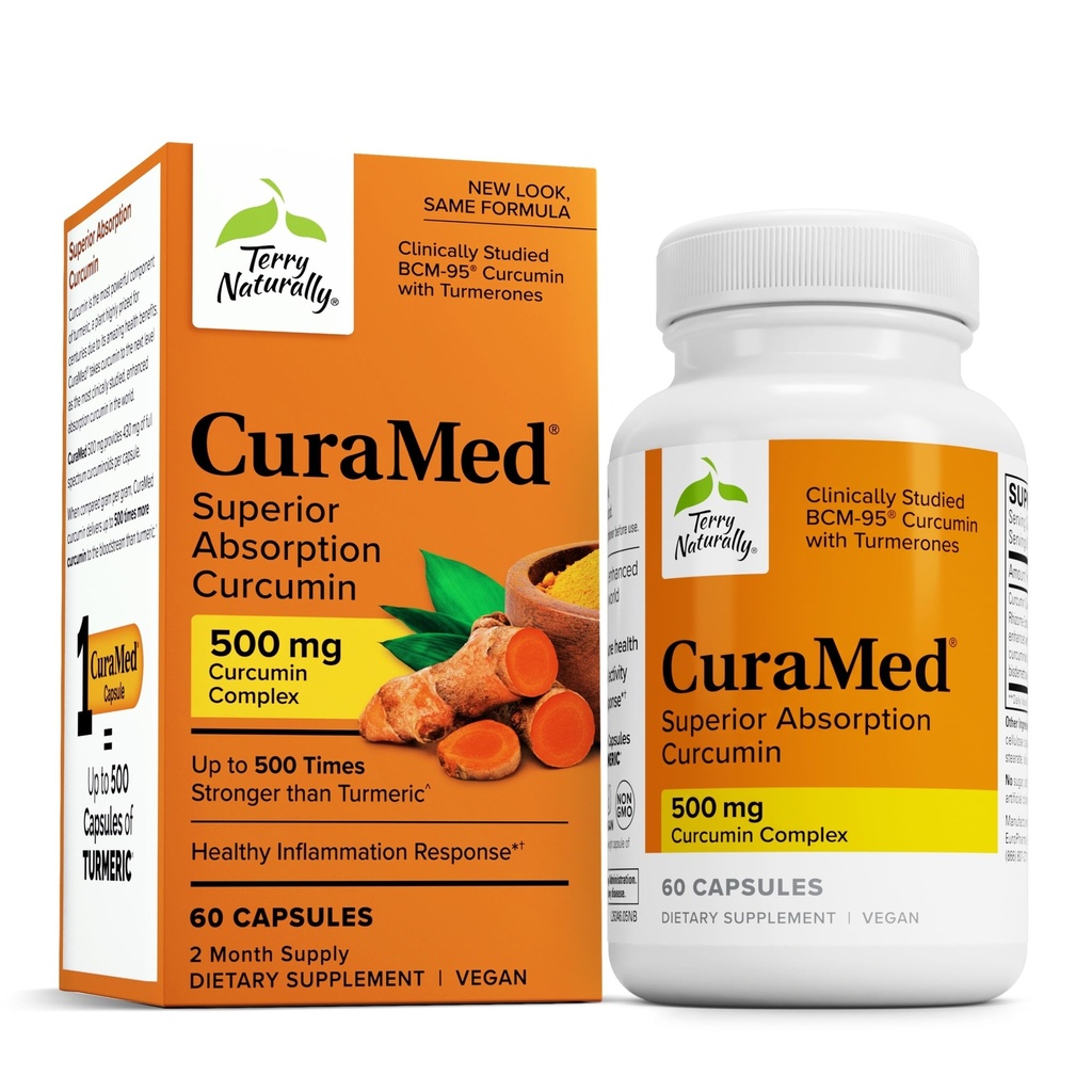 Terry Naturally CuraMed 500mg - Antioksidant Supplement for hjernen og immun helse støtte - Supplement med curcumin & gurkemeie essensiell olje - Herbal Liver Support - 60 Softgels