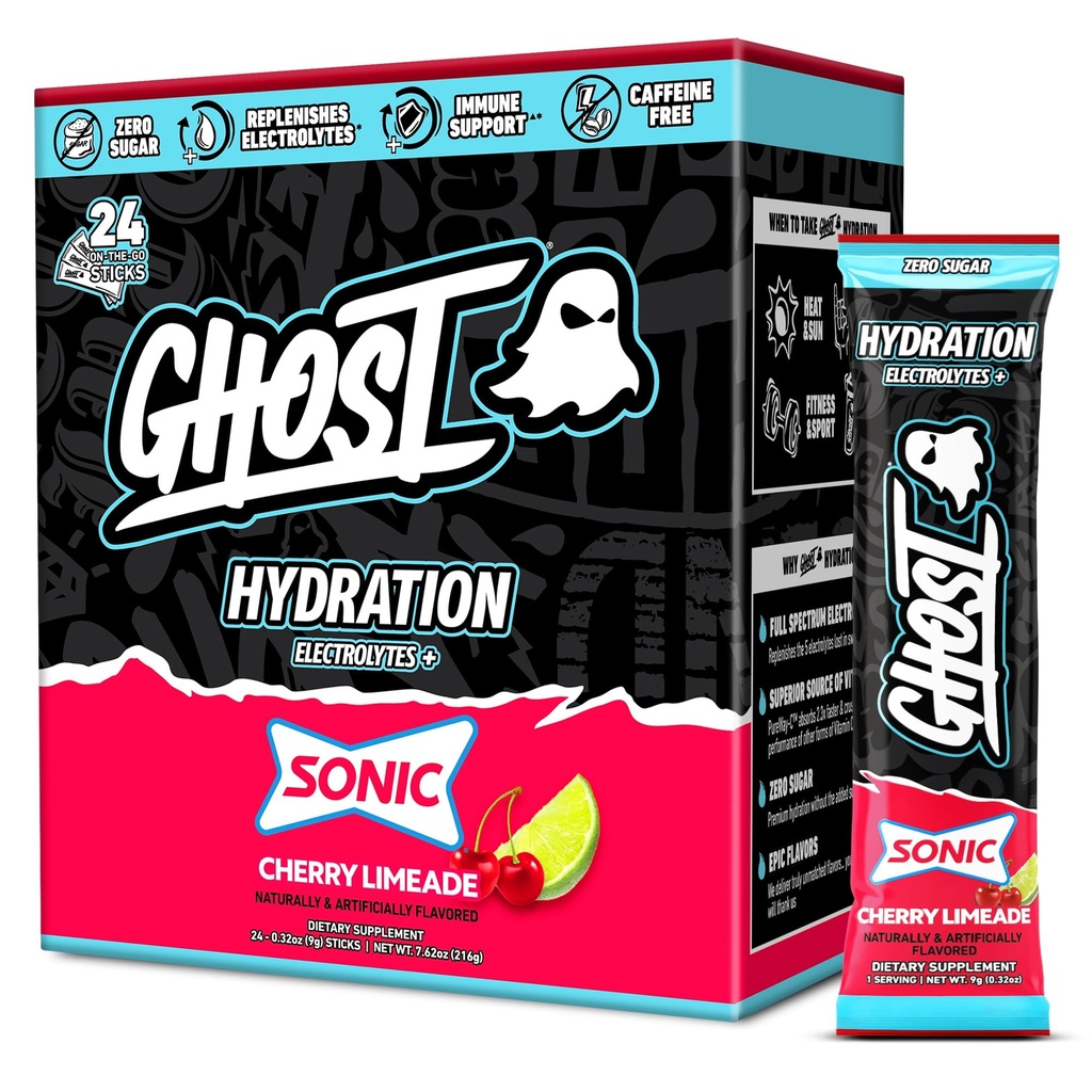 GHOST Hydration Packets, Sonic Cherry Limeade, 24 Sticks, Elektrolytt pulver - Drikkeblanding Supplement med magnesium, Kalium, Kalsium, Vitamin C - Vegansk Vennlig, Gratis Soya, Sukker & Gluten