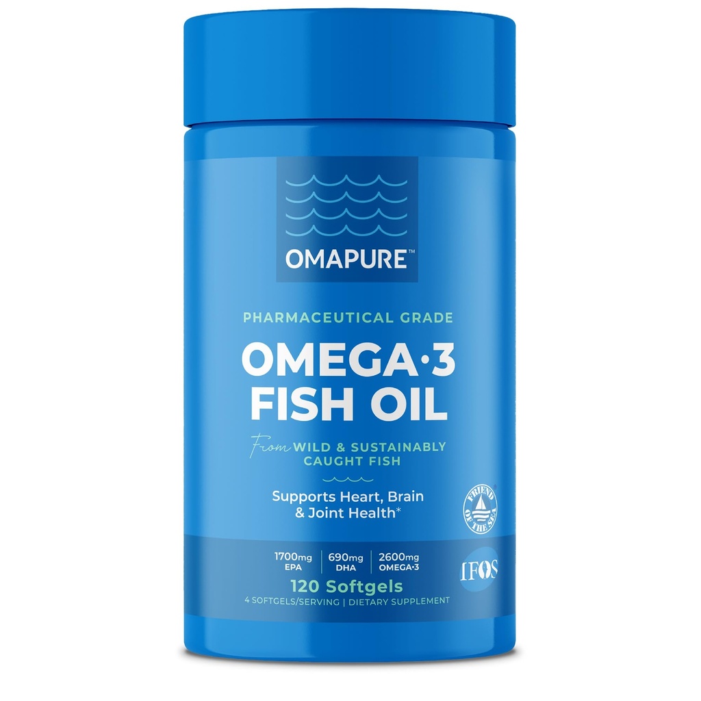 OMAPURE Fish Oil Supplements med Omega 3 fettsyrer (1 flaske, 120 softgels) - høy EPA, DHA, & IFOS fiskeolje piller støtte hjerte og felles helse - Burpless Fish Oil fremmer hjernefunksjon
