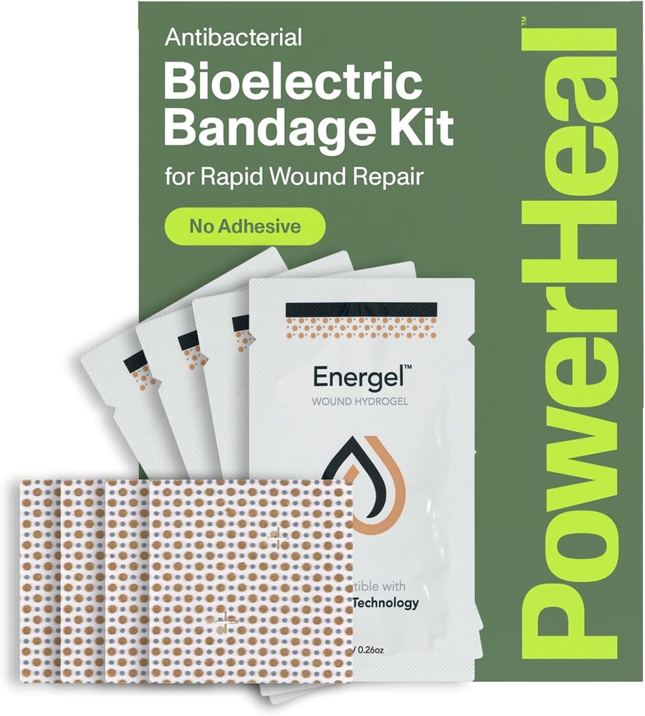 PowerHeal Bioelectric Bandage Kit for sårpleie og healing - Enkelt lag ingen klesskap Inkluderer sår Hydrogel, kan kuttes for å passe - for kutt, sliper, blender, Burns - 4-Pack, 2\" x 2\"