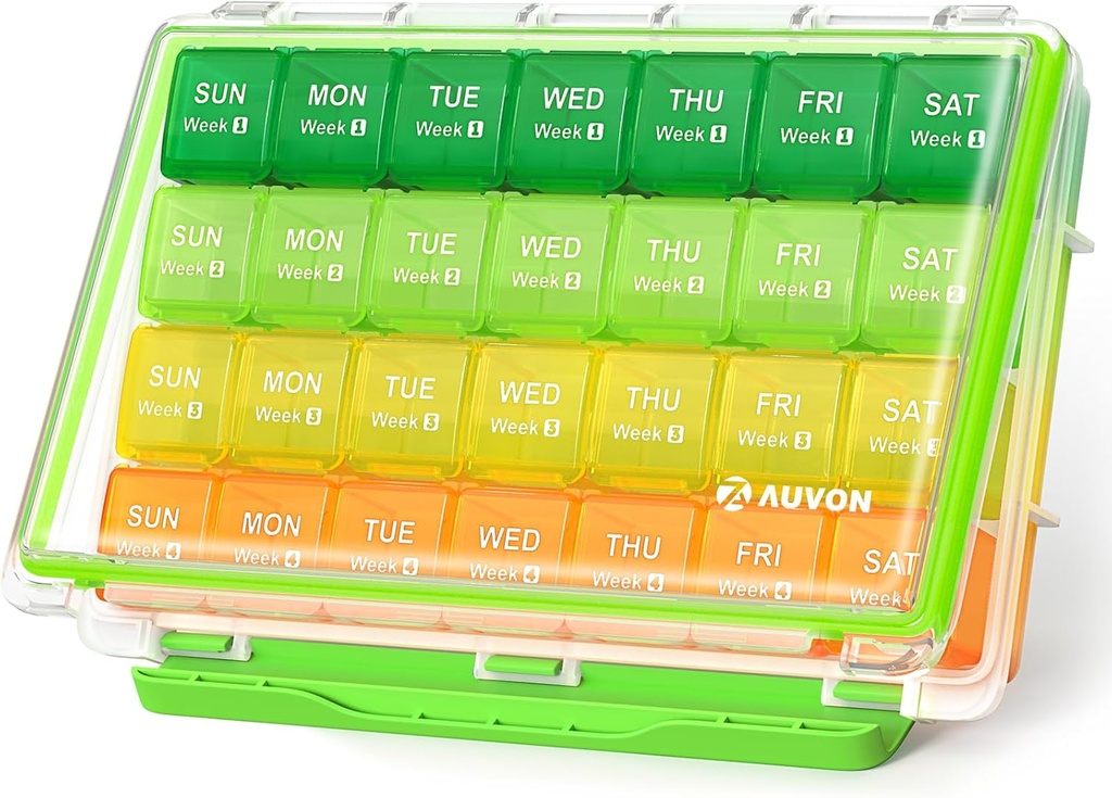 AUVON Moisture-Proof Månedlig Pille Arrangør, Stor 28 dagers pille boks saken med bevegelige 4 uker medisinering organisator rekker, reisevennlig å lagre fisk oljer, vitaminer, kosttilskudd, medisiner