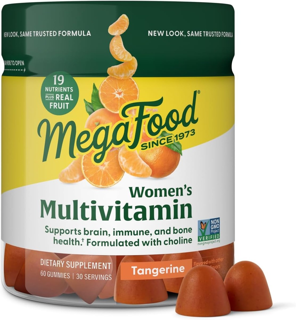 MegaFood Women's Multi - Multivitamin for kvinner - Gummy Vitaminer - Vitamin C, D-vitamin, Zink, Vitamin B12 & Choline - Immunstøtte og Bein Helse - Vegetarian - Tangerine - 60 Gummies (30 Serveringer)