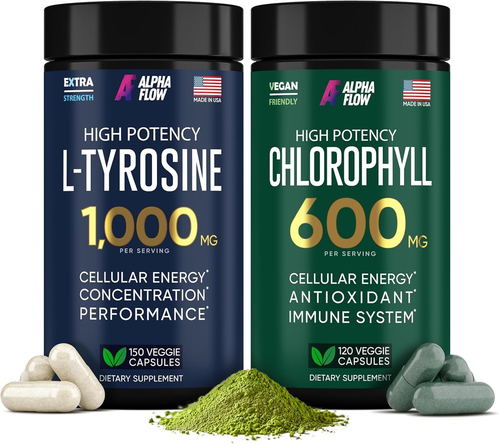 (Bundle) Klorofyll & L-tyrosinkapsler - Naturlig energi, immunitet og fokus Supplement - 600 mg Klorofyll for friskhet + 1000 mg L-tyrosin for fokus og mental klarhet - laget i USA
