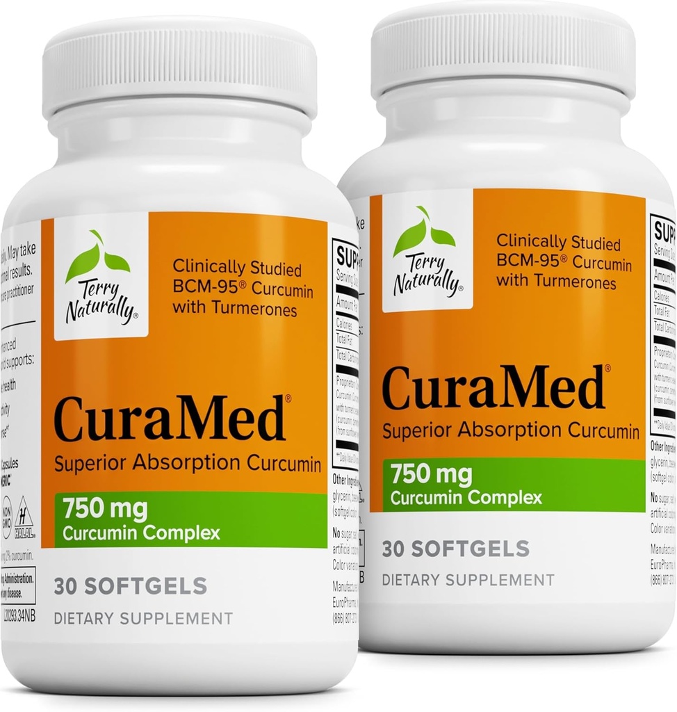 Terry Naturally CuraMed 750mg - Antioksidant Supplement for hjerne og hjerte helse - Supplement med høy potens Curcumin Complex - Nyre, lever og immun helse støtte - 30 Softgels (Pack of 2)