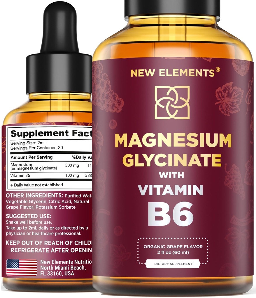 Væske Magnesium Glykinat Drops med vitamin B6 - Magnesium Supplement 500mg & vitamin B6 100mg | Ikke-GMO No Gluten | Stress Relief | Sleep & Relaxation | Muskel- og hjertestøtte | Naturlig og vegansk