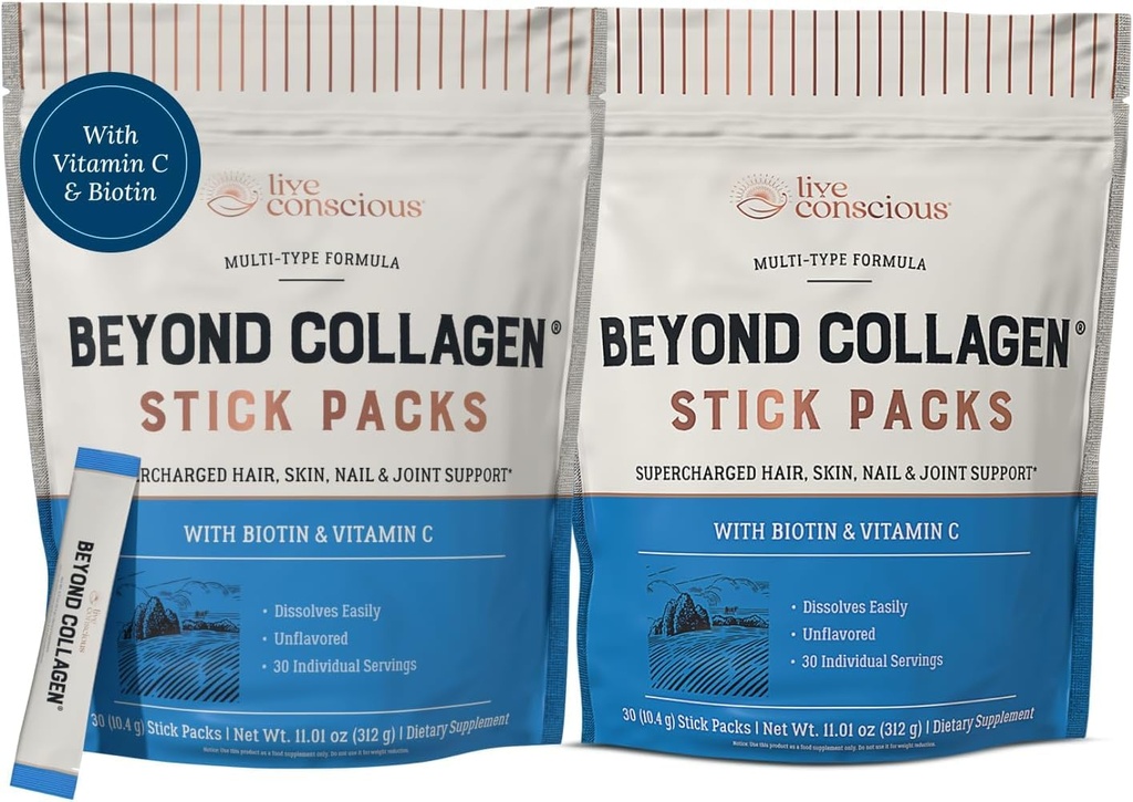Levende bevisst Beyond Collage Peptides Powder Unflavored Packets-Hydrolysert Collage Powder-Hair Skin Nail & Felles Support- Multi Type kollagen kosttilskudd for kvinner og menn 30 Pack (2pk)
