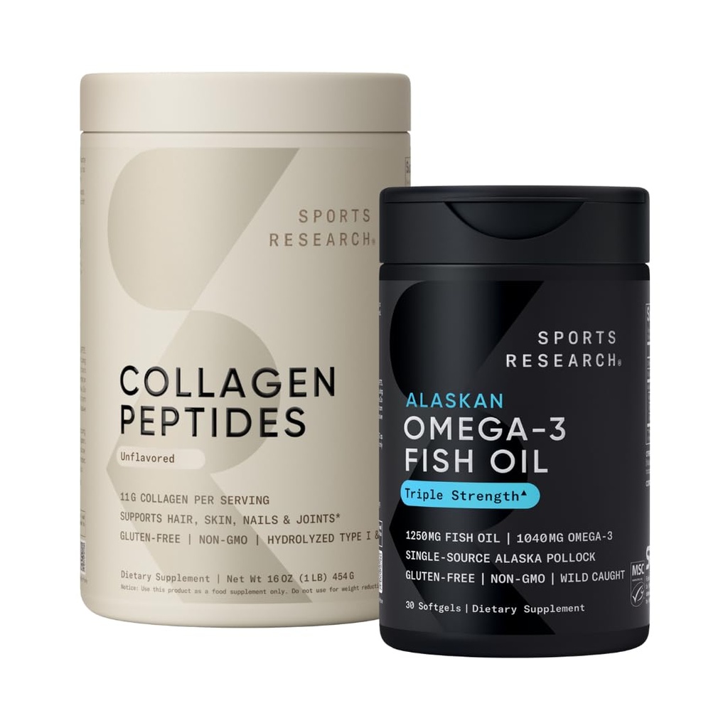 Sportsforskning Triple Styrke Omega 3 Fiskeolje 1250mg Burpless Supplement med Omega3s EPA & DHA Non-GMO, Glutenfri og kollagen Peptider for alle Kjønn Hydrolysert Type 1 & 3 Powder Protein