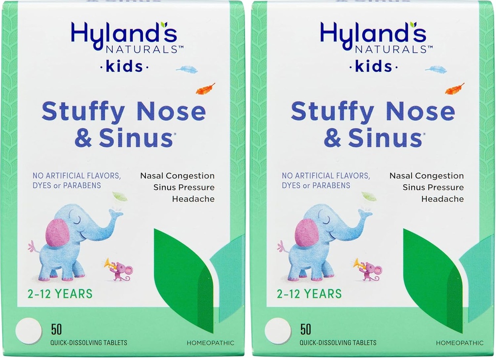 Hyland's Naturals Kids Stuffy Nese og Sinus tabletter, kald og allergi medisin for barn i alderen 2 og opp, hodepine relief og nasal decongestant, rask oppløsende tabletter, 50 teller (pakke med 2)