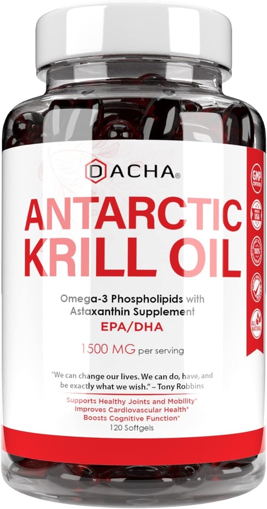 Premium Antarctic Krill Olje Softgels– 1500 mg med naturlig omega-3, astaxanthin og fosfolipider 120 myke geler, 180 mg EPA og 120 mg DHA for immun, minne støtte, hjerte helse ikke-GMO