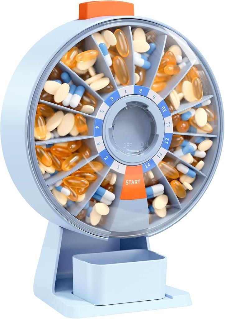 Daviky Pill Dispenser Daglig, Stor Pill Arrangør med Veggmontert eller stående bruk, 14 dager Pill Container, Push Button Design, ukentlig Pill Box for vitamin, medisin,Supplement, Fiskeolje (blå)