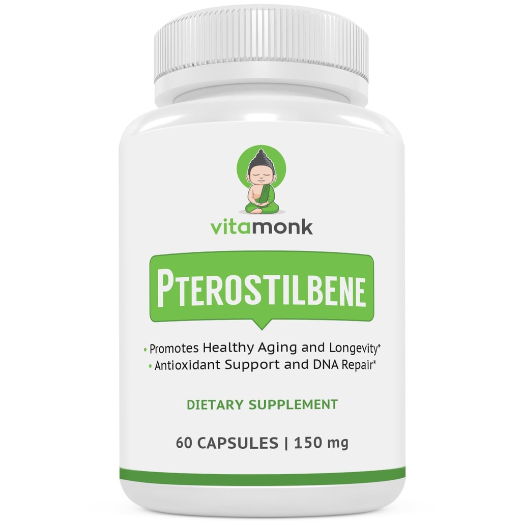 VitaMonk Pterostilbene 150mg Kapsler Ingen kunstige fyllstoffer - soya gratis Trans-Pterostilbene Supplement som fremmer sunn aldring og lang tid - 60 Veggie-Caps - Forbedret Resveratrol