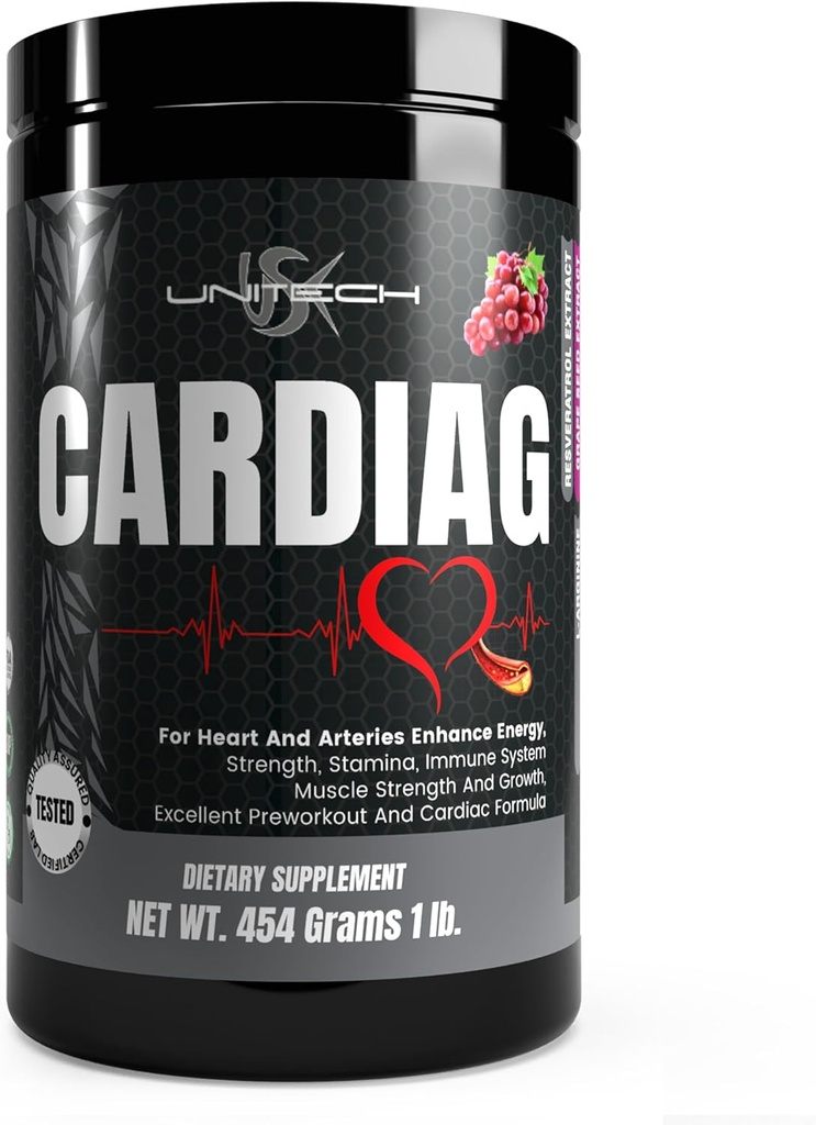 Unitech USK Cardiag Grape Powder | Naturlig kosttilskudd med L-Arginin, L-Citrullin, Grape Seed ekstrakt, Resveratrol og Coenzyme Q10 | Grape Flavor, 16 oz