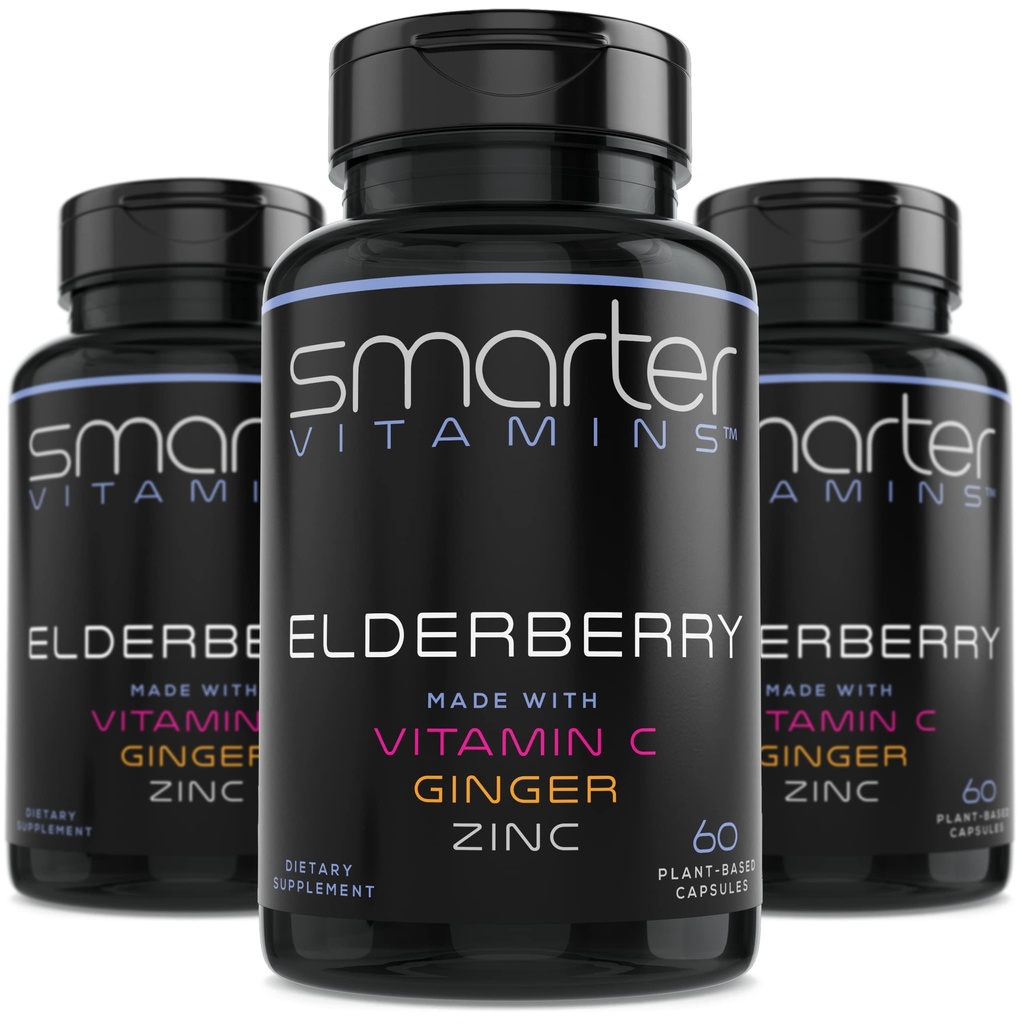 (3 Pakke) Smartere eldrebær kapsler + vitamin C + Ginger & sink, Herbal Supplement, kraftig svart eldre Berry ekstrakt antioksidant vitamin, 180 vegan piller