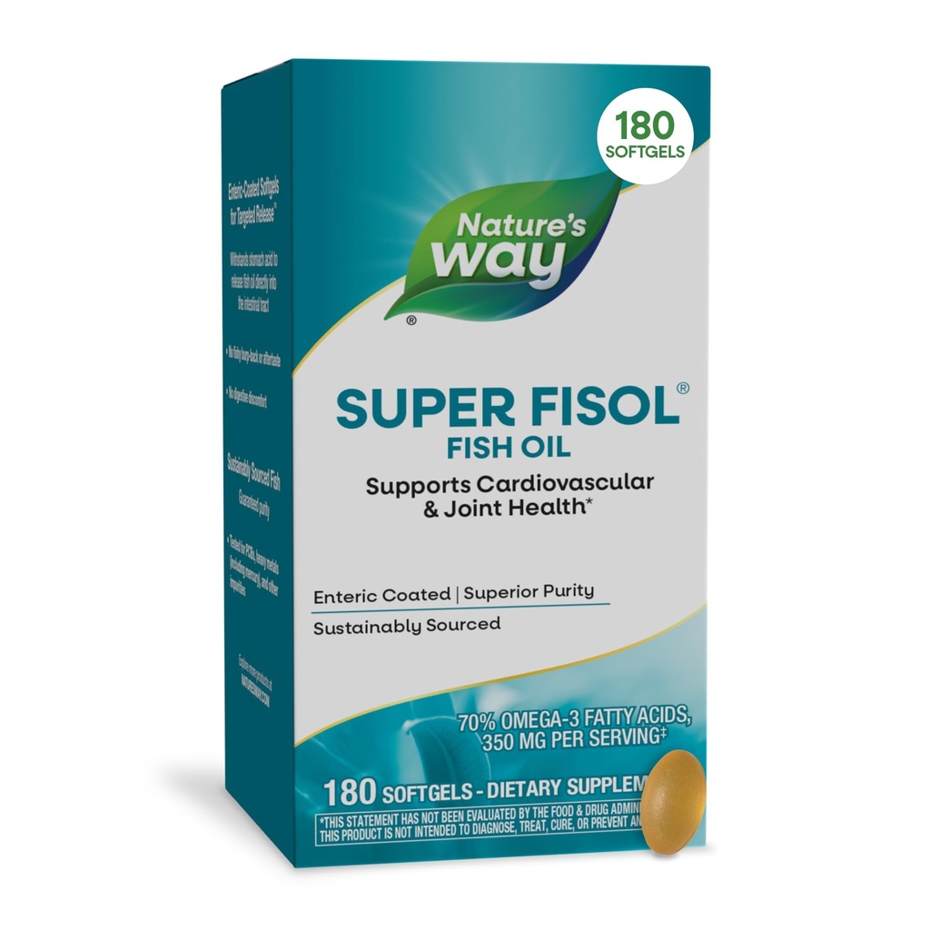 Naturens måte Super Fisol Fish Oil, Enterisk Coated, støtter kardiovaskulære og felles helse*, Mega Potency Omega-3s, 180 Softgels (pakke May Vary)