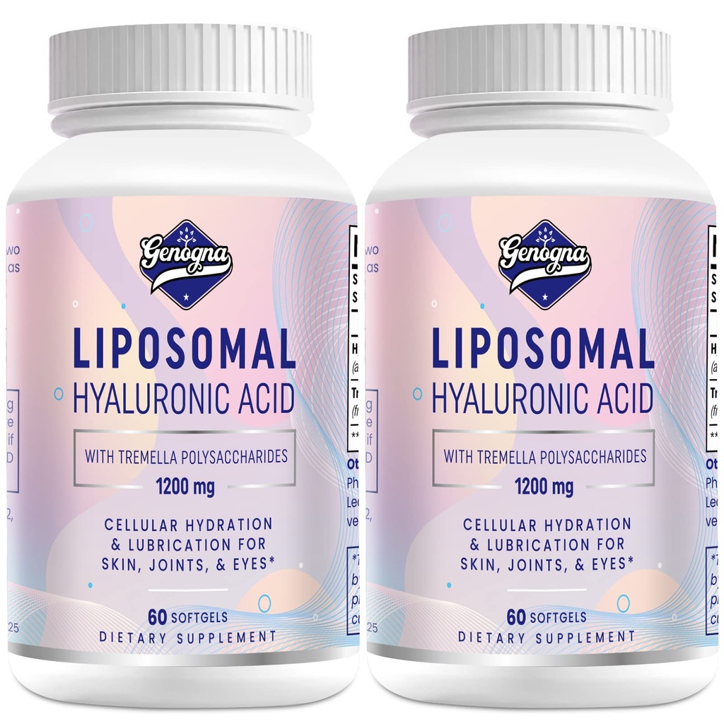 Liposomal Hyaluronsyre Supplements 1000mg-høy Biotilgjengelig Diettary Hyaluronsyre Kapsler-med 200 mg Tremella Polysakkarider for dobbel styrke huden Hydration,Joint Lubrication, 2 pakke
