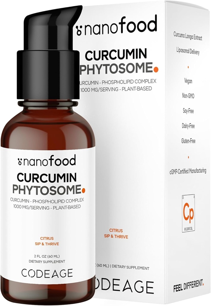 Kodasje Liposomal Curcumin Phytosom flytende Supplement, Turmeric Curcumin Vegan flytende dråper, Plant-basert Curcuma Longa Dropper, Curcumina, Solflower Fosfolipid, sukker-fri, Citrus Flavor, 2 fl oz