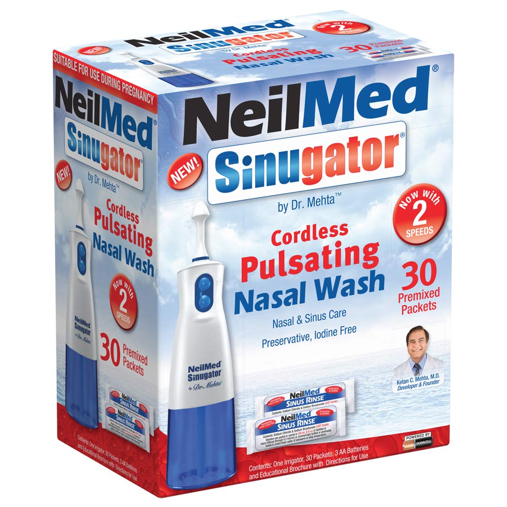 NeilMed sinugator Trådløs pulserende nasal vaskesett med én irrigator, 30 premiksede pakker og 3 AA batterier (pakke med 1)