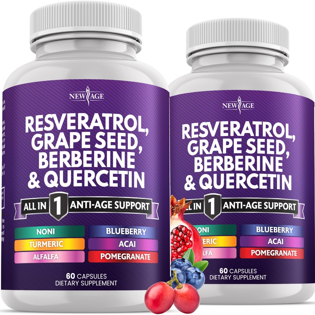 NEW AGE Resveratrol, Berberin, Grape Seed Extract, Quercetin, Polyphenol Supplement for kvinner og menn med Noni Extract, N-Acetyl Cysteine, Acai Extract - 120 Kapsler