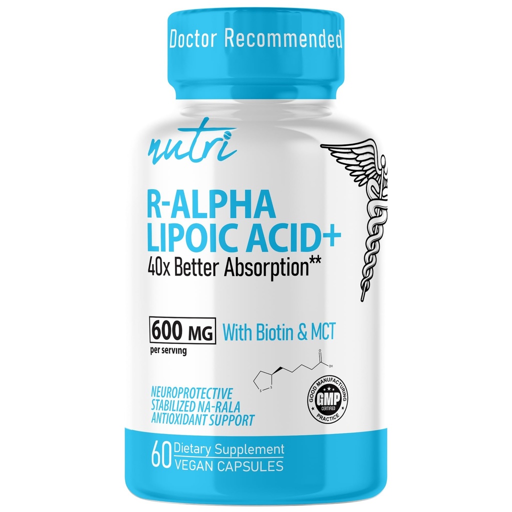 Nutri R Alpha Lipoic Acid 600 mg Kapsler - R Lipoic Acid Stabilisert med Biotin - aktiv form av R-ALA - 600 mg klinisk dosering - kraftig cellulær energi støtte - 60 vegansk kapsler - RALA