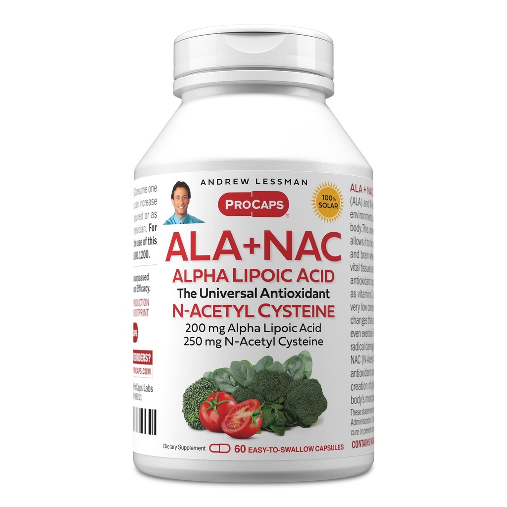 Andrew LESSMAN ALA + NAC Alpha Lipoic Acid med N-Acetyl-Cysteine 60 Kapsler - Ultra-høy styrke, anti-oksydant støtte for nervesystem, hjerte, hjerne, lever, nyrer, lunger, energi. Ingen additiver