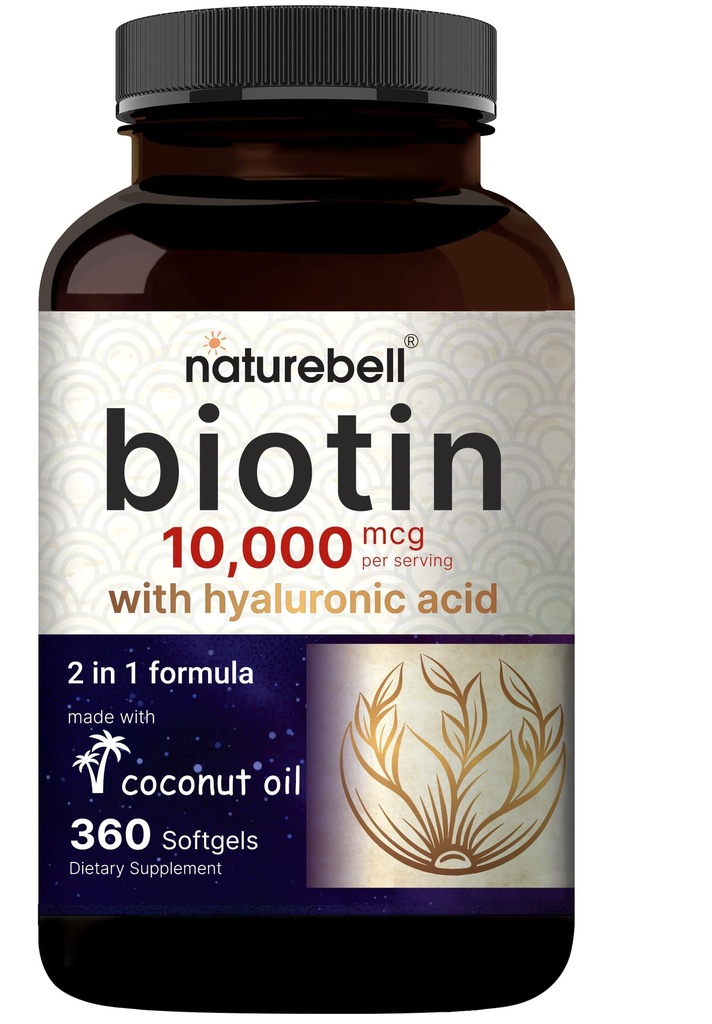NatureBell Biotin 10000mcg + Hyaluronsyre 25 mg 360 kokosolje mykgels, Premium Biotin Supplement for hår hud og negler*