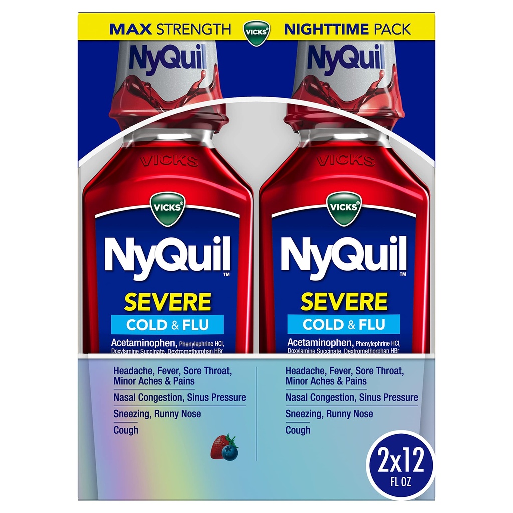Vicks NyQuil SVERK kulde, influensa, og kongestion medisin, 2x12 fl oz Twin Pack, Berry Flavor, Maksimum styrke, nattetid relief