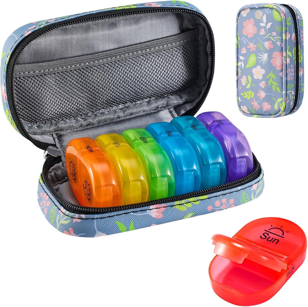 Serfeymi ukentlig reise piller Organizer 2 ganger om dagen PM oppgradert Rainbow Pill Box 7 dag med bærbare glidelås PU skinn piller tilfelle, medisinorganisator for piller, vitaminer, fiskeoljer - blomster 02