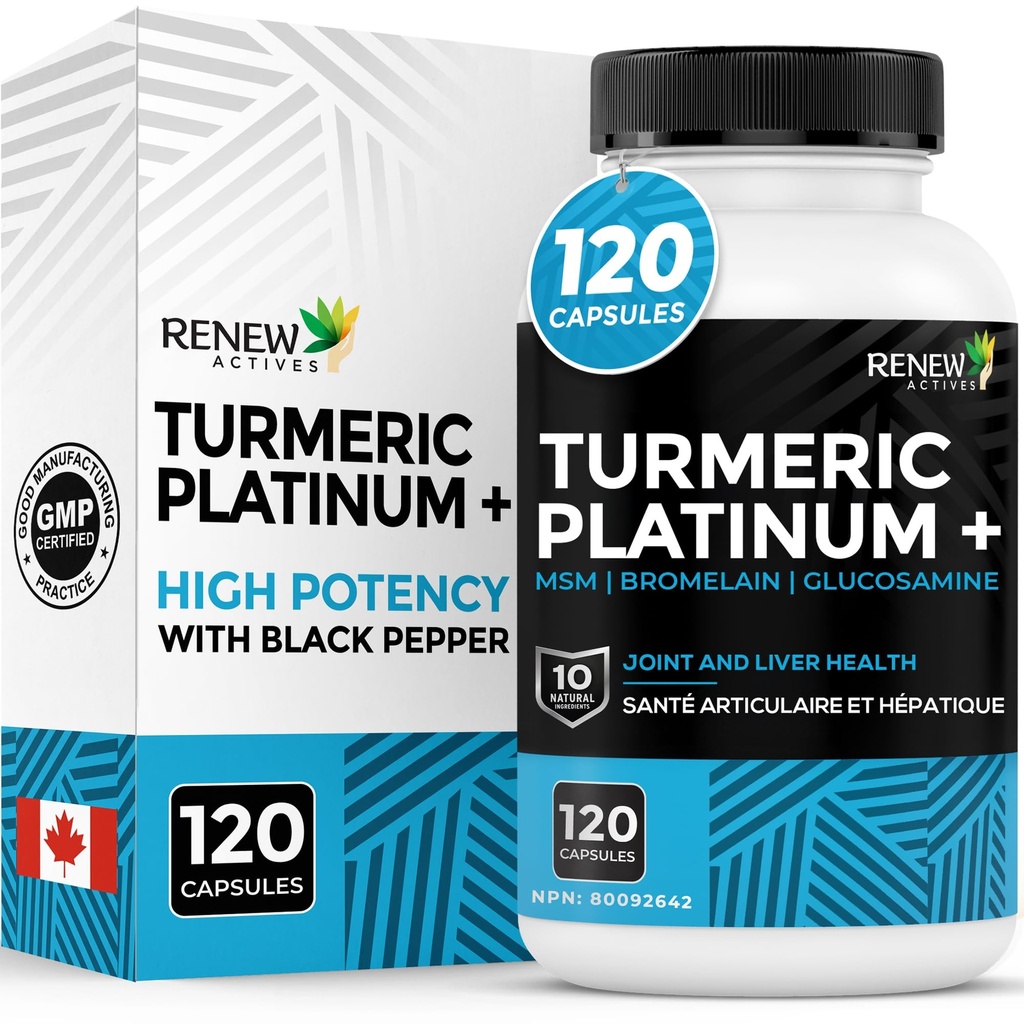 Fornye Actives Turmeric Platinum 1350MG per 3 Kapsler med svart pepper og ginger – Antioksidant, lever og digestiv støtte – Reduserer inflammasjon og øker immuniteten – laget i Canada – 120 Kapsler