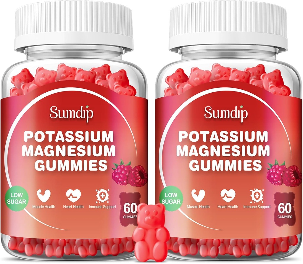 Magnesium Kalium Gummies, Muskel- og hjertehelse, Benkramper og søvn, Kalium Supplement Vegansk Gummy Ikke-GMO Glutenfri 60 Gummies-2 pakke, bringebær